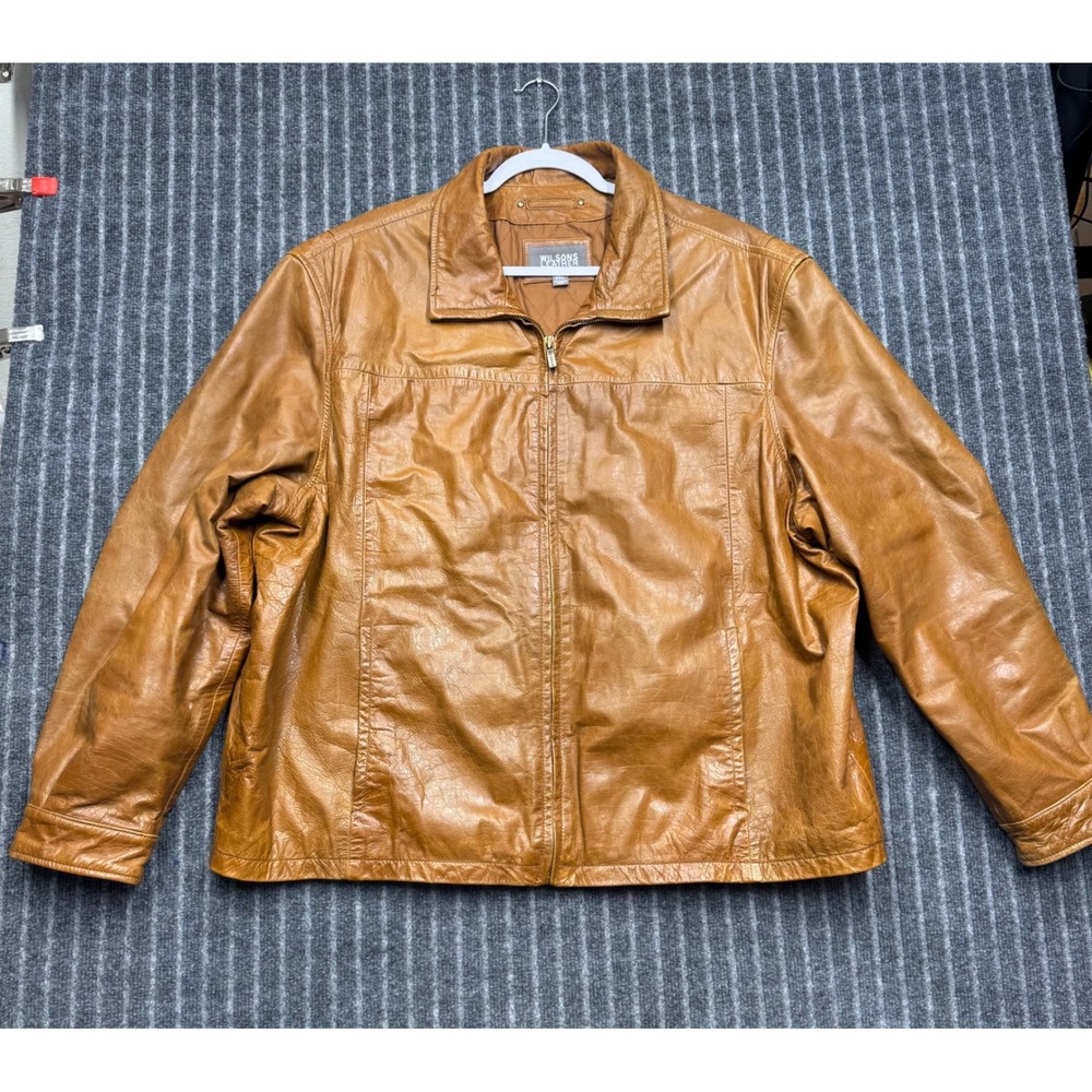 Wilsons Leather Mens Jacket 2XL Tan Cognac Genuine Leather Quilted Zip Front